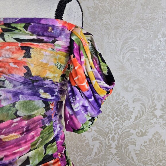 Endless Blu Luxe Size Small Ruched Floral Midi Dress Off the Shoulder Sleeve NWT - Picture 5 of 16